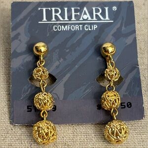 Trifari Comfort Clip Gold Filigree Drop Earrings